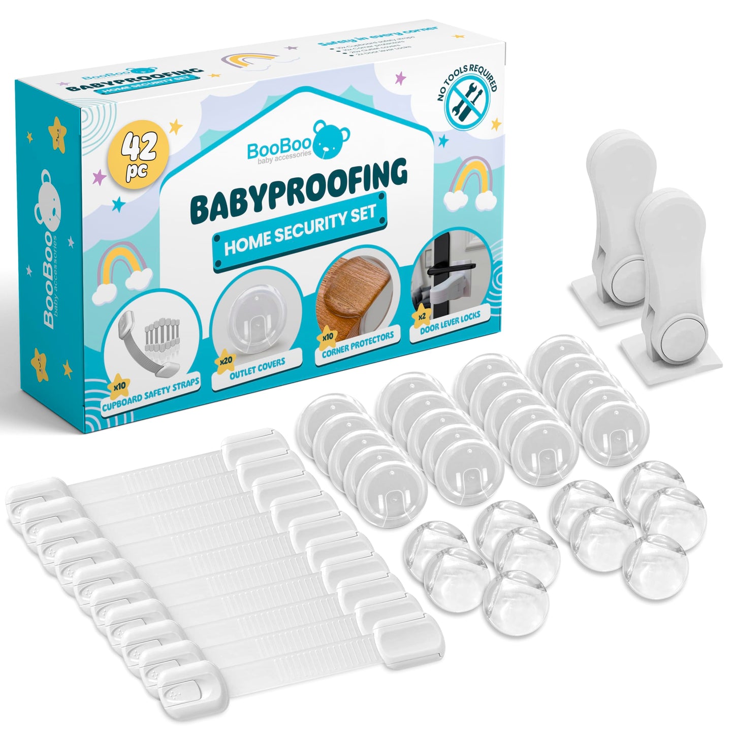 Booboo (42 Pack) Child Safety Baby Proofing Kit | x10 Cabinet Drawer Locks x10 Corner Guards x20 Outlet Covers x2 Door Lever Lock | Baby Proof Your Home & Kitchen with No Trapped Fingers