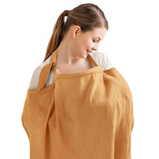 Blissful Diary Muslin Nursing Cover for Breastfeeding Breathable Breastfeeding Cover up with Arch Neckline for Women Nursing Apron (Retro Yellow)
