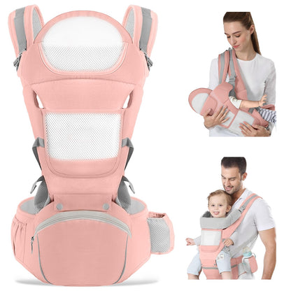 Baby Carrier with Hip Seat for Dad: Baby Carriers Newborn to Toddler Ergonomic M Position Toddler Carrier 6in1 Head Support Infant Carrier Mesh Baby Carriers for Mom (Pink)