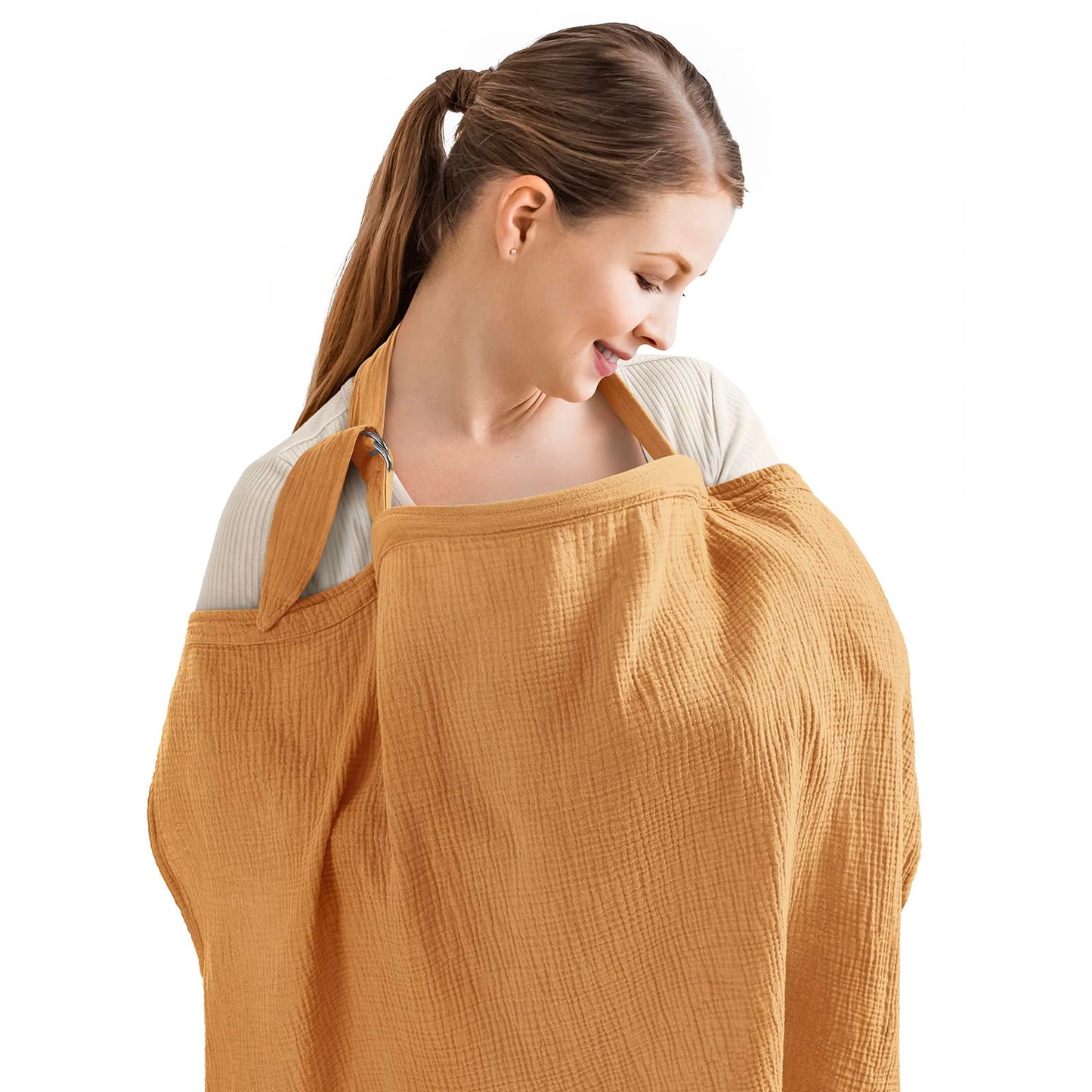Blissful Diary Muslin Nursing Cover for Breastfeeding Breathable Breastfeeding Cover up with Arch Neckline for Women Nursing Apron (Retro Yellow)