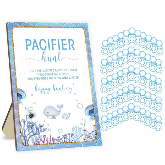 51 Pcs Baby Shower Party Games Pacifier Hunt Game for Baby Shower Baby Shower Game Set Cute Whale Theme Baby Pacifier Hunt Sign Board and 50 Pink Blue Acrylic Baby Pacifiers