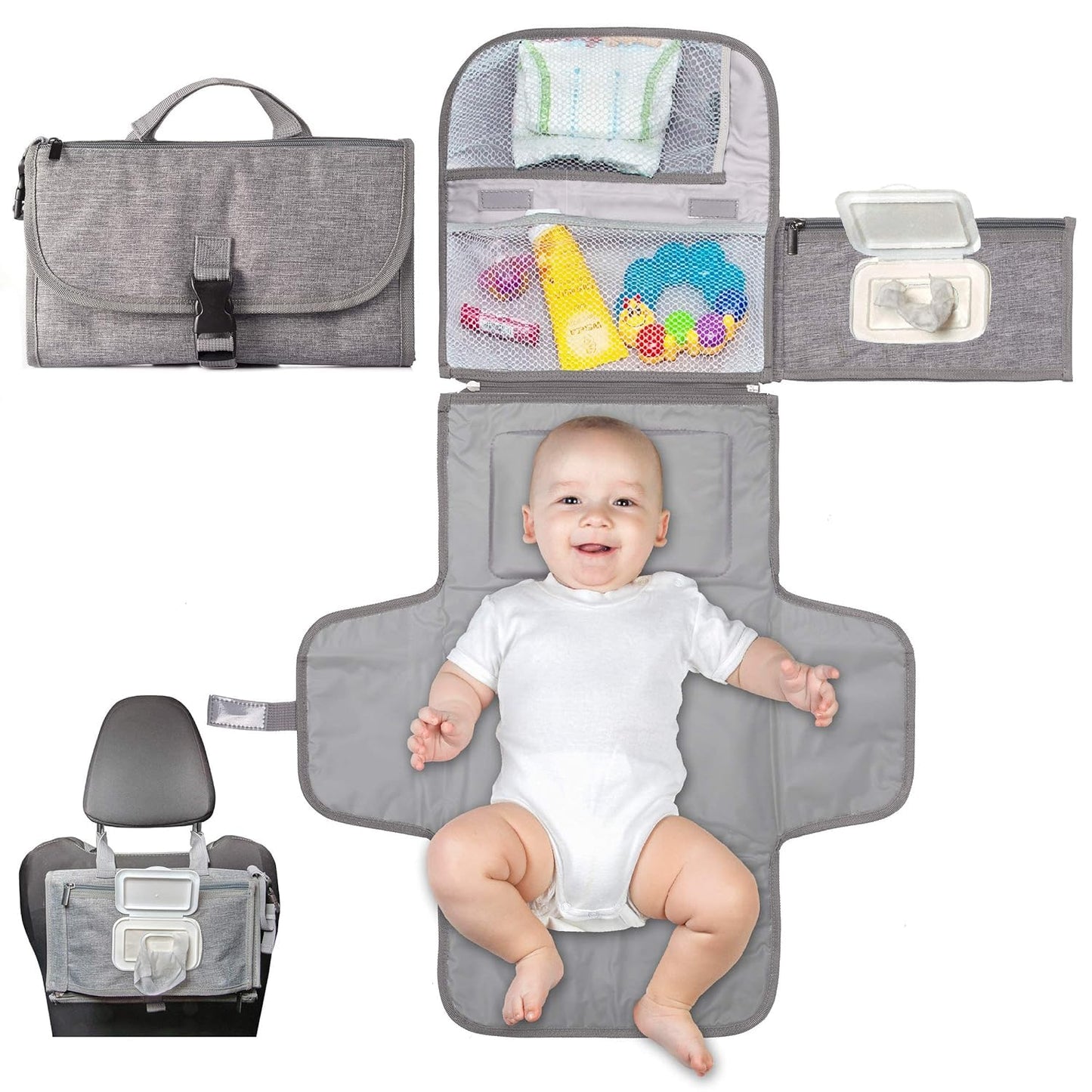 Portable Changing Pad Diaper Pad for Newborn Girl & Boy - Waterproof Foldable Changing Pad - Baby Changing Pad with Smart Wipes Pocket Baby Gift by Professor Frog (Grey)